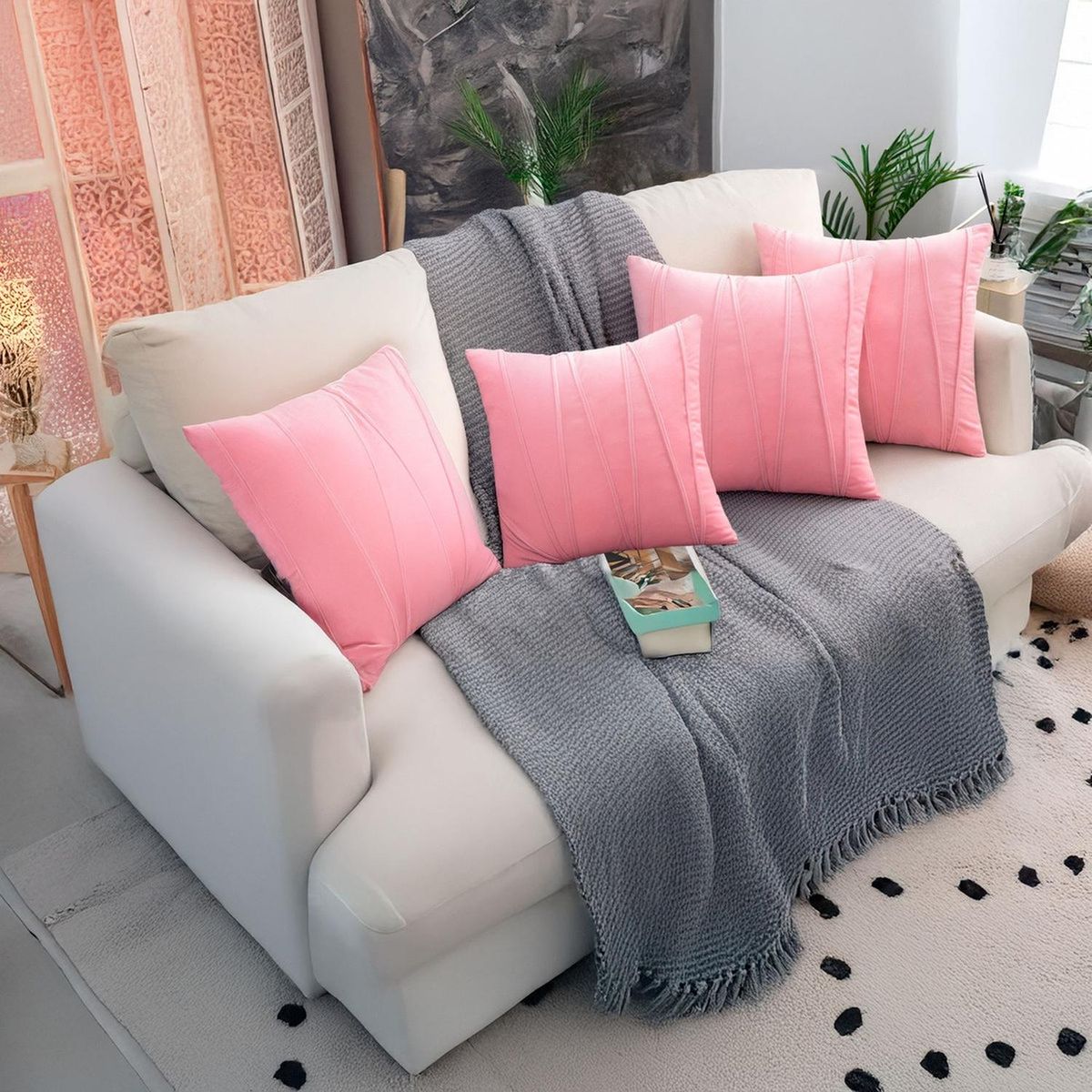 GENERICO - Fundas De Cojin Decorativa 45x45 Lineas Rosa PACK 4 U