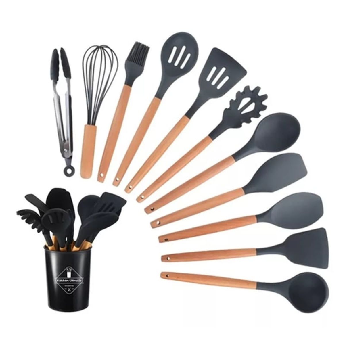 GENERICO - Set 12 Utensilios Cocina Mango Silicona Y Madera Repostería negro