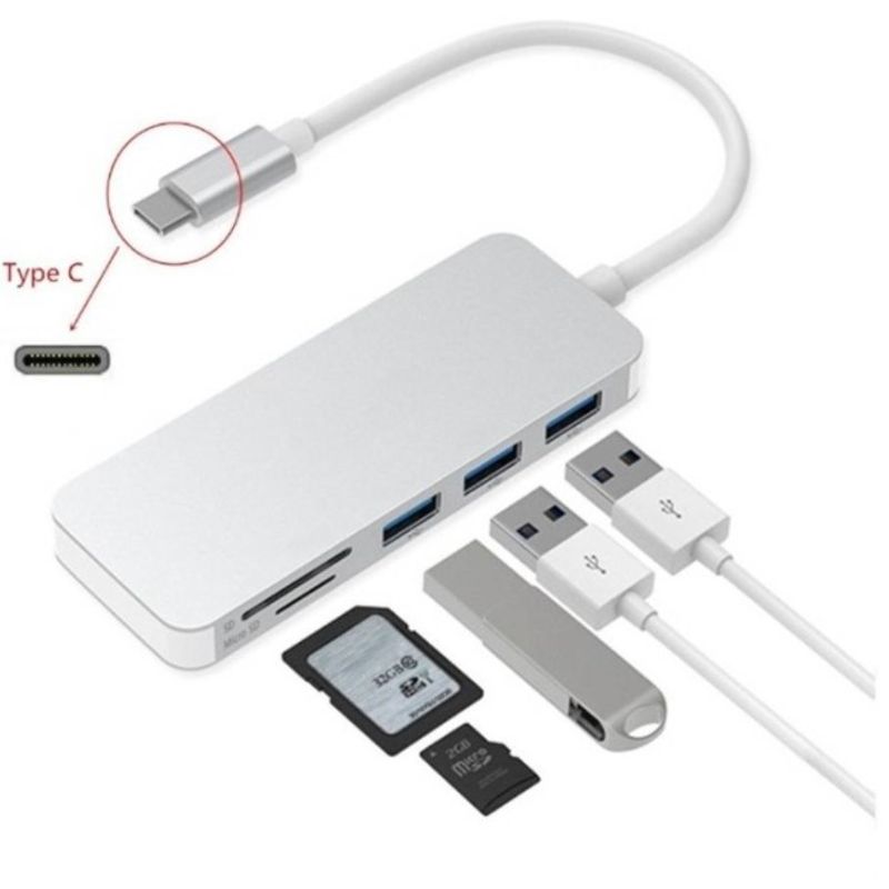 GENERICO - Adaptador Type C Tipo C 3 X Usb 3.0, Tf, Micro Sd 5en1