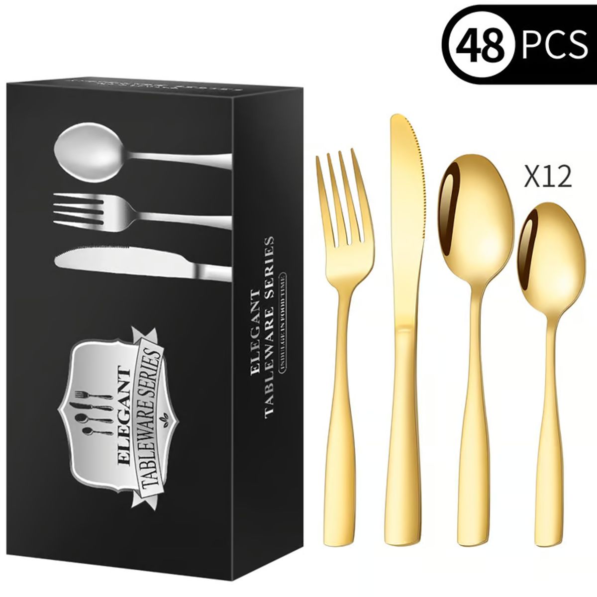 CASA NEW - Set de Cuchillería 48 Piezas Set Cubiertos de Lujo Dorado