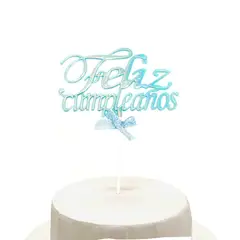 GENERICO - TOPPER TORTA FELIZ CUMPLEAÑOS CELESTE GLOW X1UNI