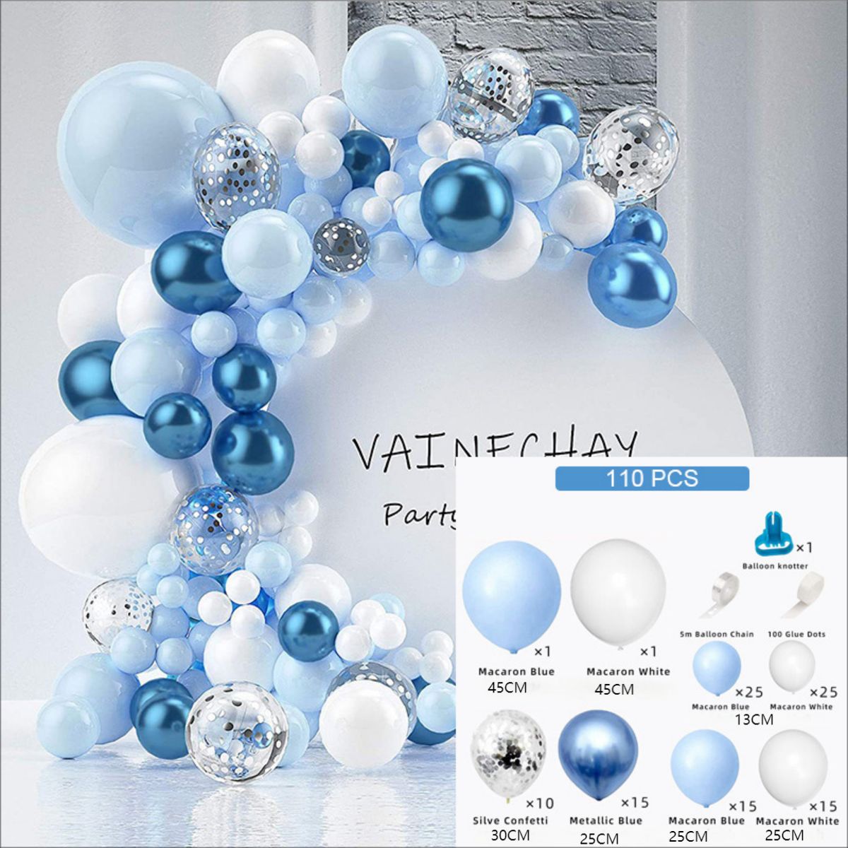 GENERICO - 110 Pcs Set Globos Azules Cumpleaños Bebé Bautizo Decoración