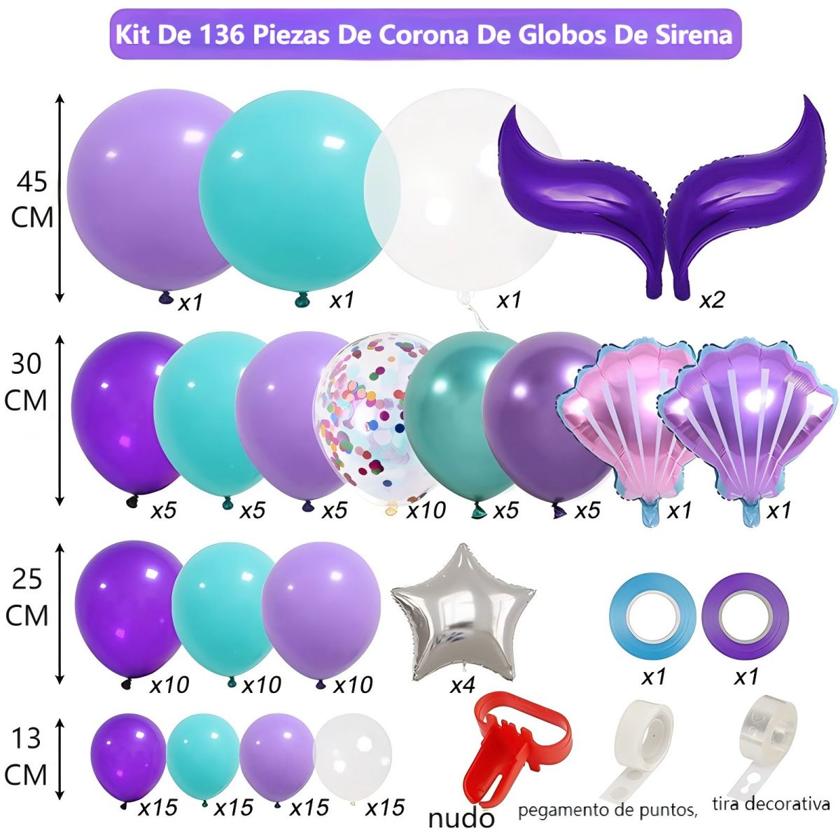 GENERICO - 136 Pcs Sirena Globo Set Bebé Bautizo Cumpleaños Decoración