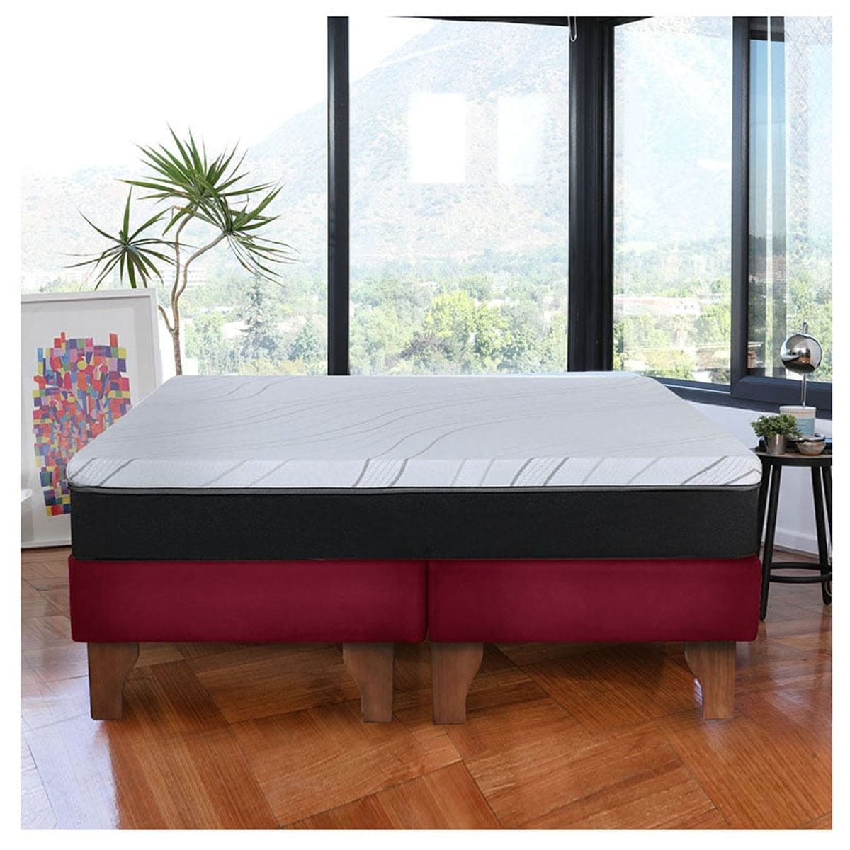 LATAM HOME - Cama Europea Zen Pro Colchon Resortes 2 Plazas Base Dividida Tela Burdeo