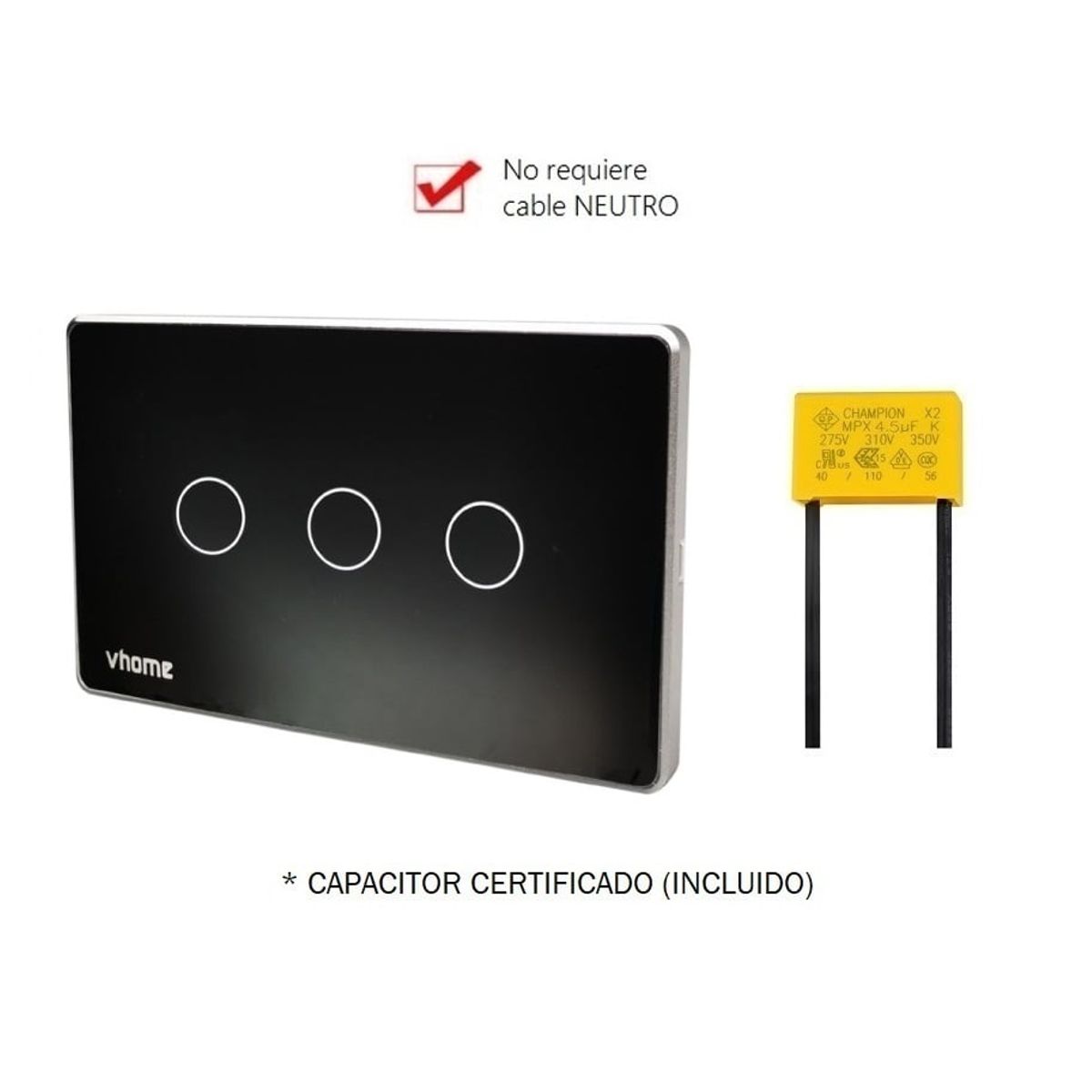 VHOME - Interruptor Wifi RF Vhome Design Vector Black Sin Neutro 3 Canales