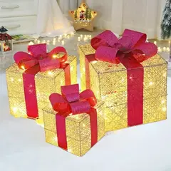 GENERICO - Set 3 Cajas Regalo Luces Decoración Navidad Dorado