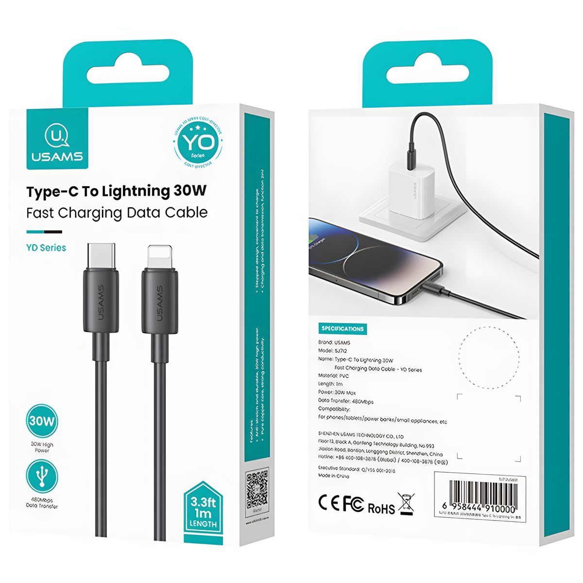 USAMS - Cable Para iPhone Tipo C Usams SJ712 30 W Carga Rapida Negro