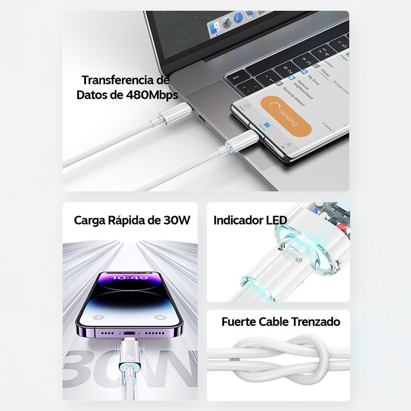 USAMS - Cable Para iPhone Tipo C Usams SJ659 30 W Carga Rapida Blanco