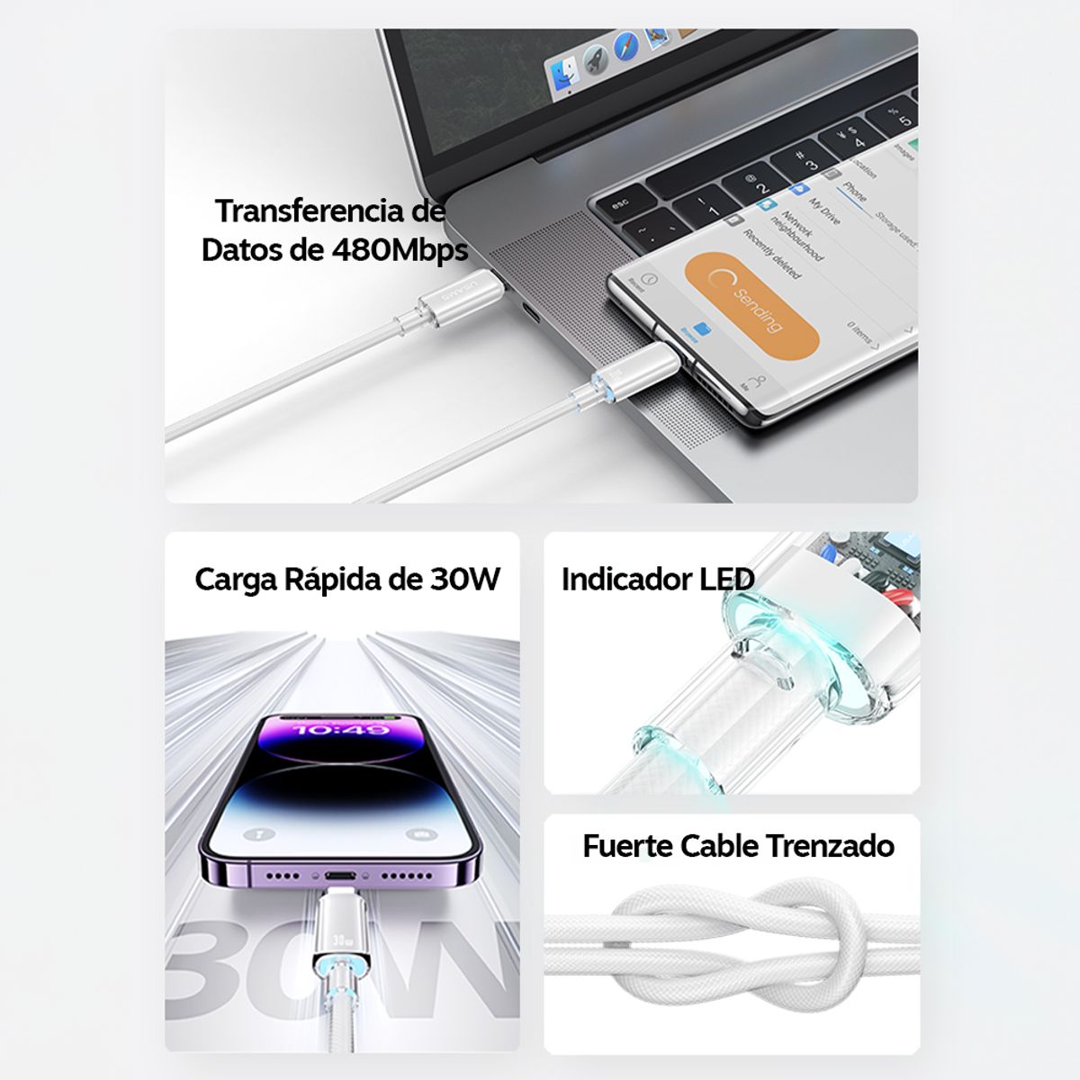 USAMS - Cable Para iPhone Tipo C Usams SJ659 30 W Carga Rapida Negro