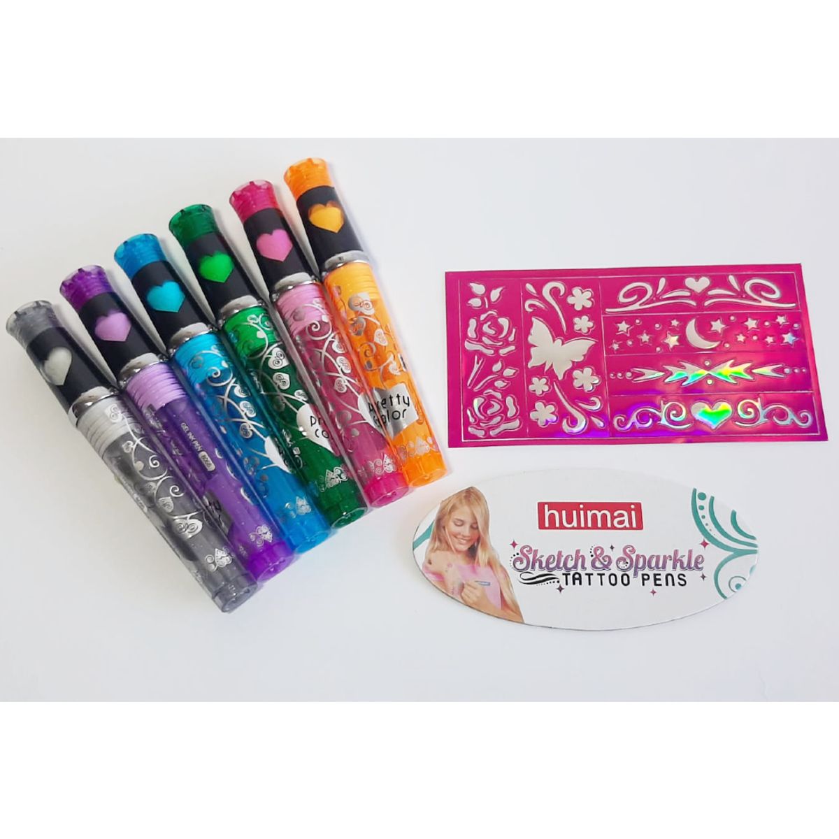 GENERICO - Kit Tatuajes Temporales 6 Lápiz Pasta Glitter +1 Plantilla