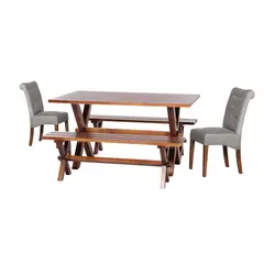 LATAM HOME - Juego De Comedor Sevilla 2 Sillas Oviedo + 2 Bancas Tela Velvet Gris