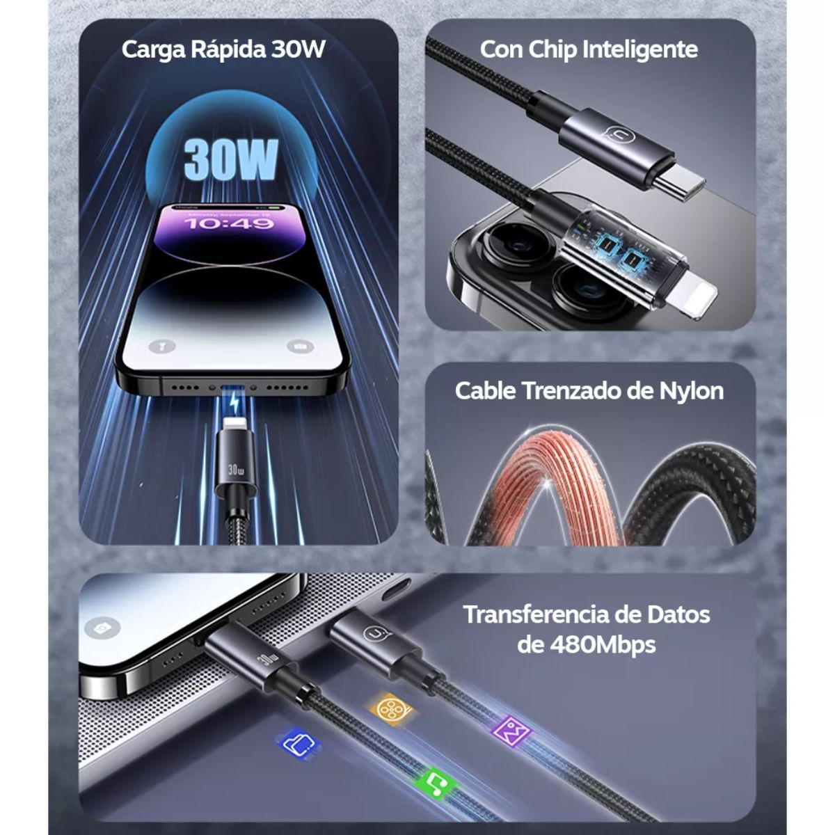 USAMS - Cable Para iPhone Tipo C Usams SJ679 30 W Carga Rapida 25cm