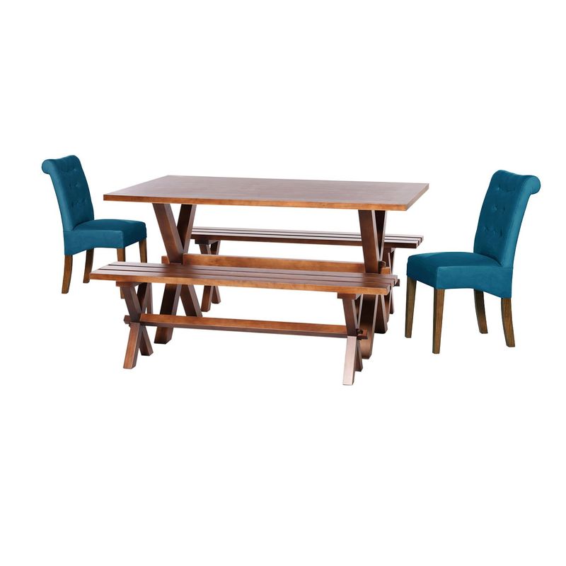 LATAM HOME - Juego De Comedor Sevilla 2 Sillas Oviedo + 2 Bancas Tela Azul Petroleo