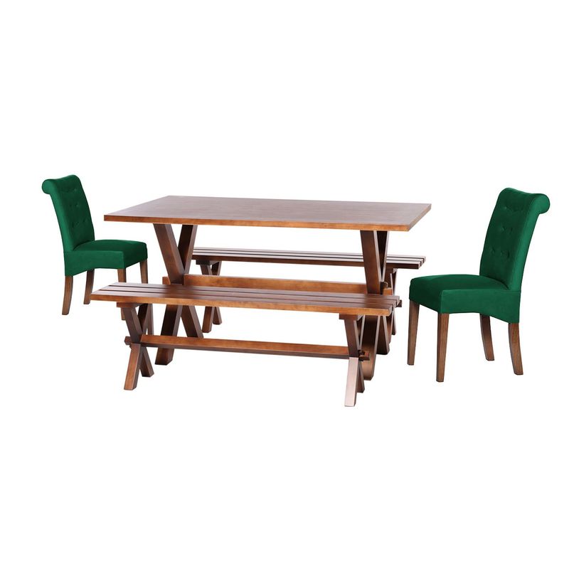 LATAM HOME - Juego De Comedor Sevilla 2 Sillas Oviedo + 2 Bancas Tela Velvet Verde
