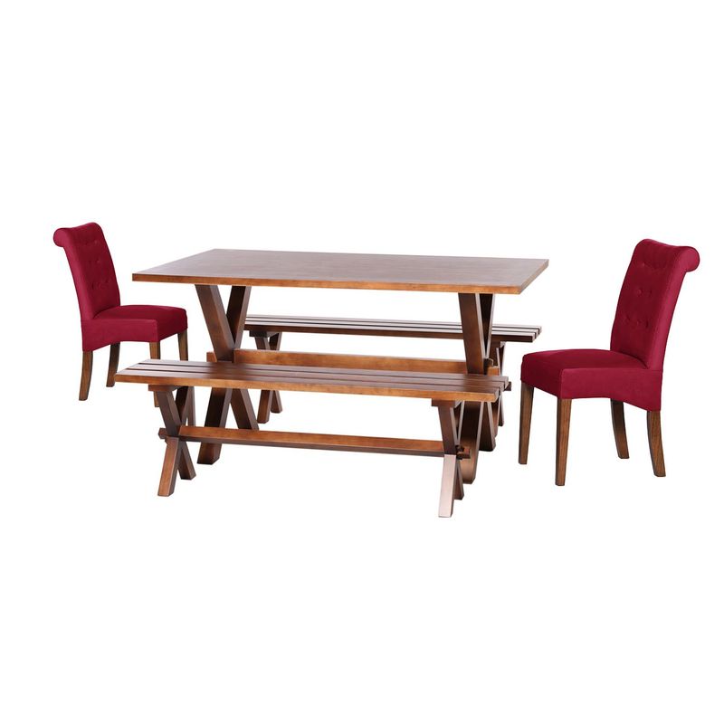 LATAM HOME - Juego De Comedor Sevilla 2 Sillas Oviedo + 2 Bancas Tela Velvet Burdeo