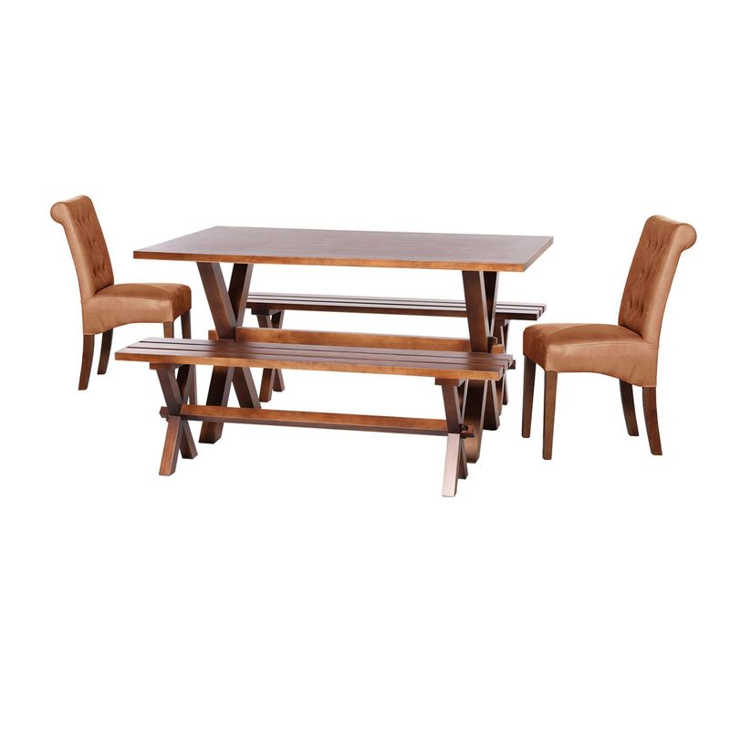 LATAM HOME - Juego De Comedor Sevilla 2 Sillas Oviedo + 2 Bancas Cuero Cafe Claro