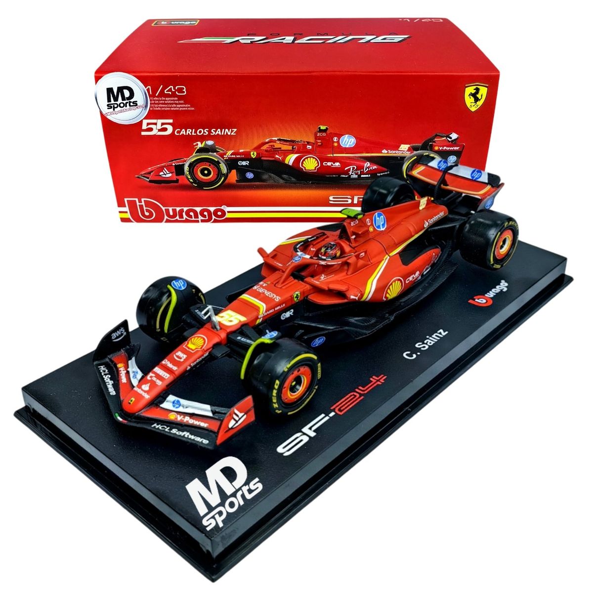 BBURAGO - Auto F1 Ferrari SF-24 2024 #55 C. Sainz Caja Acrilica 1:43