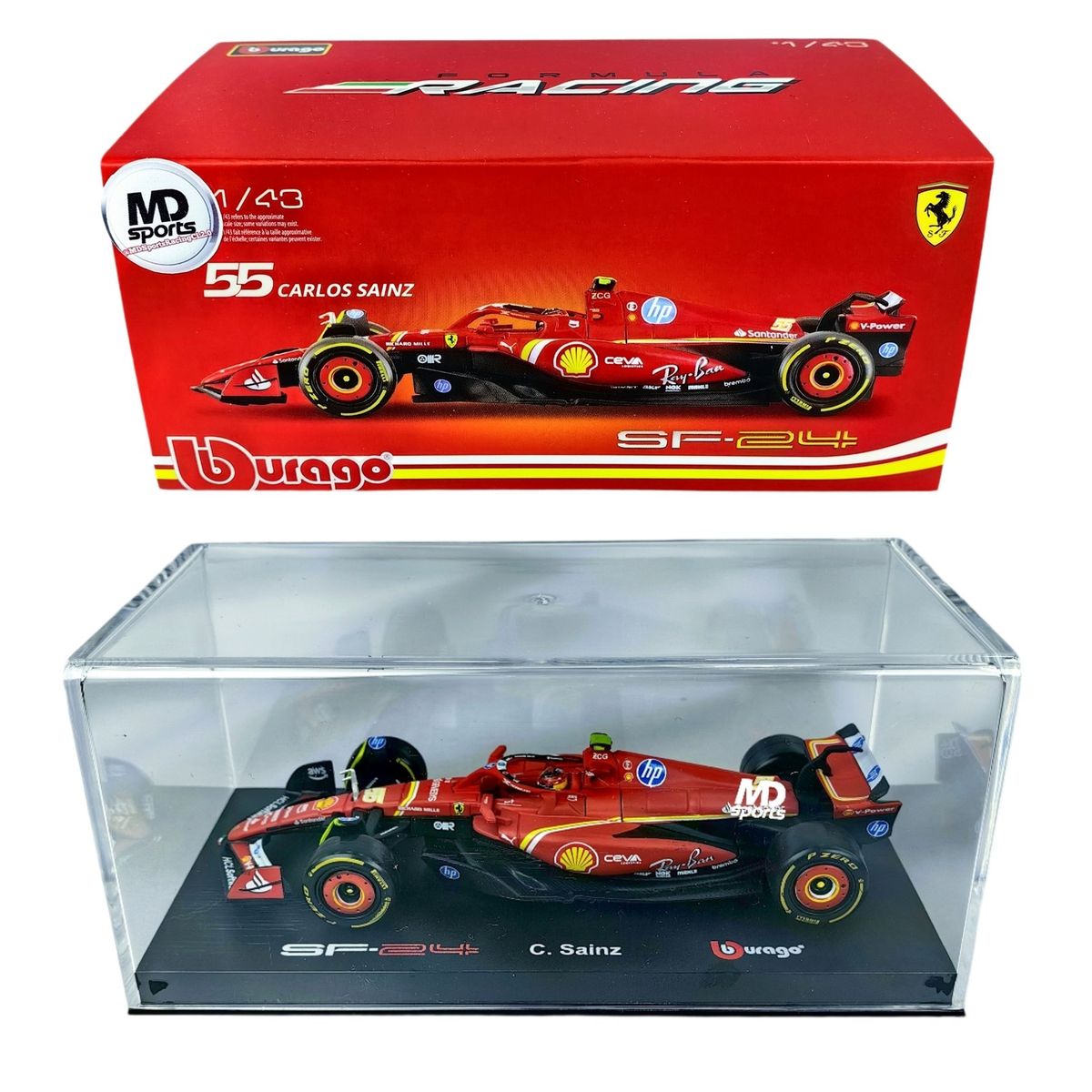 BBURAGO - Auto F1 Ferrari SF-24 2024 #55 C. Sainz Caja Acrilica 1:43