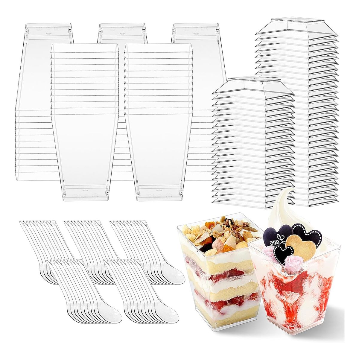 ATURE - Pack X50 Vasos Acrílico Con Tapa Para Postres 150ml+cucharas