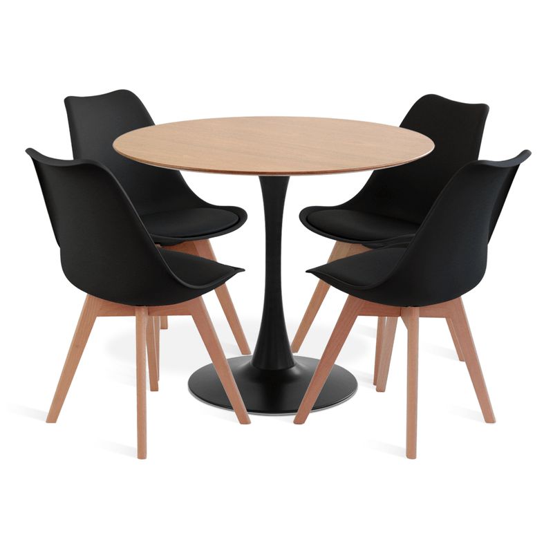 MOBOI - Comedor Mesa Tulip Wood Negra Con 4 Sillas Tulip Acolchada Negras