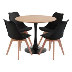 MOBOI - Comedor Mesa Tulip Wood Negra Con 4 Sillas Tulip Acolchada Negras