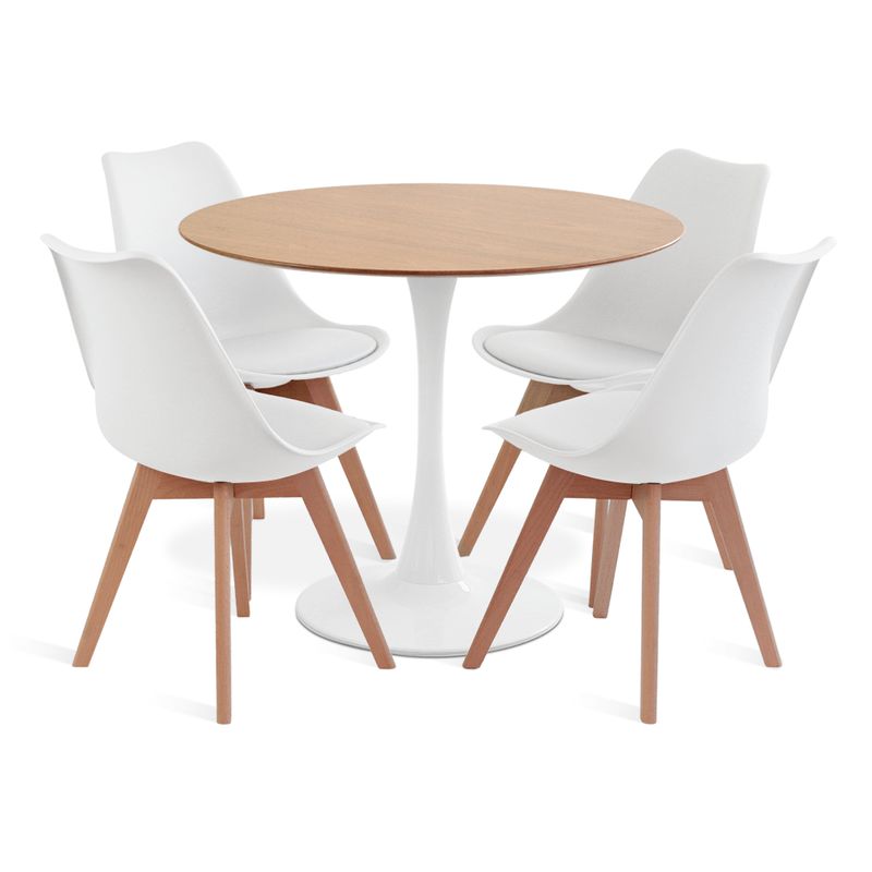 MOBOI - Comedor Mesa Tulip Wood Blanca Con 4 Sillas Tulip Acolchada Blancas