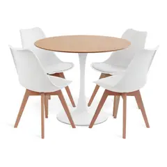 MOBOI - Comedor Mesa Tulip Wood Blanca Con 4 Sillas Tulip Acolchada Blancas