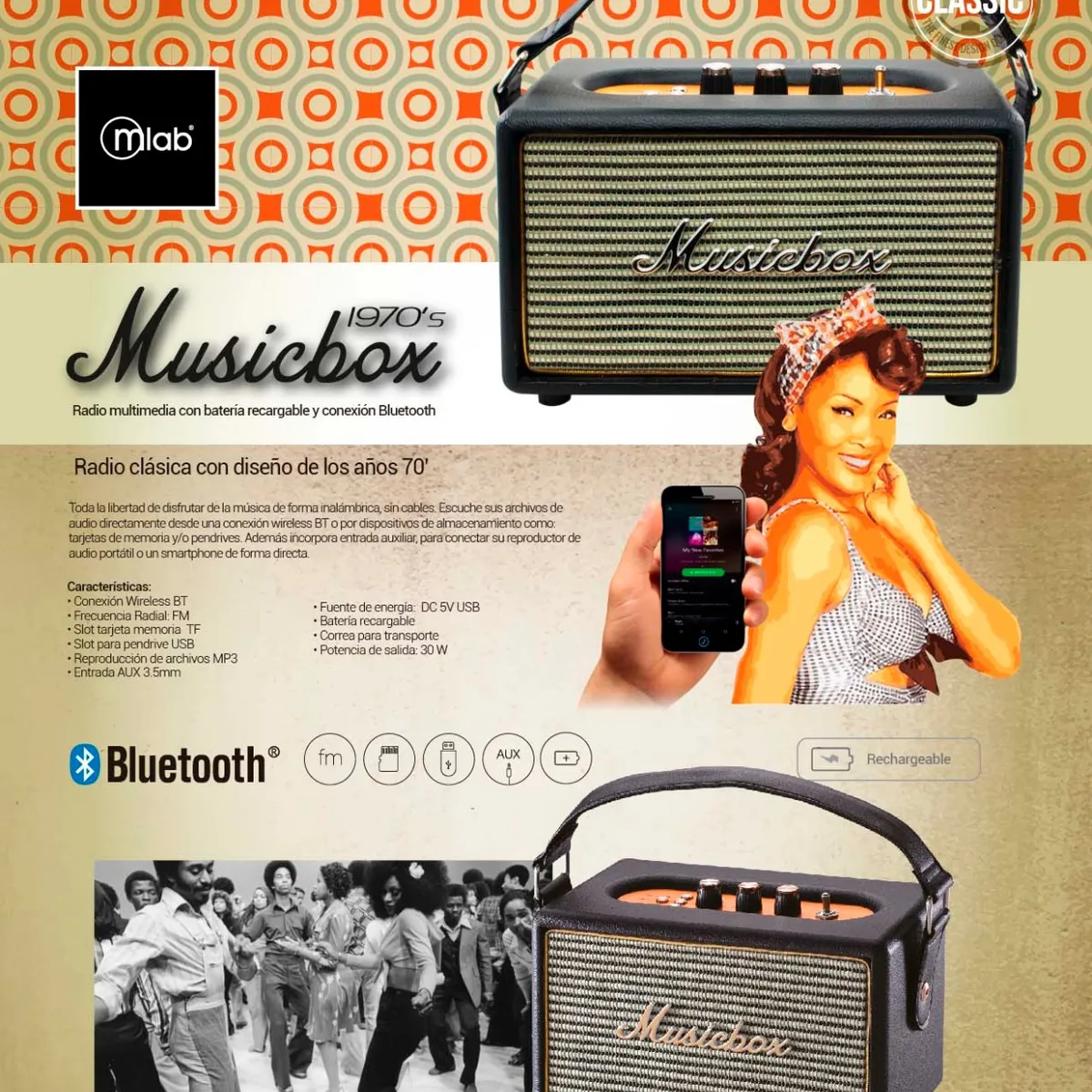 MLAB - Radio Parlante Retro 70S Musicbox Bluetooth Usb Aux