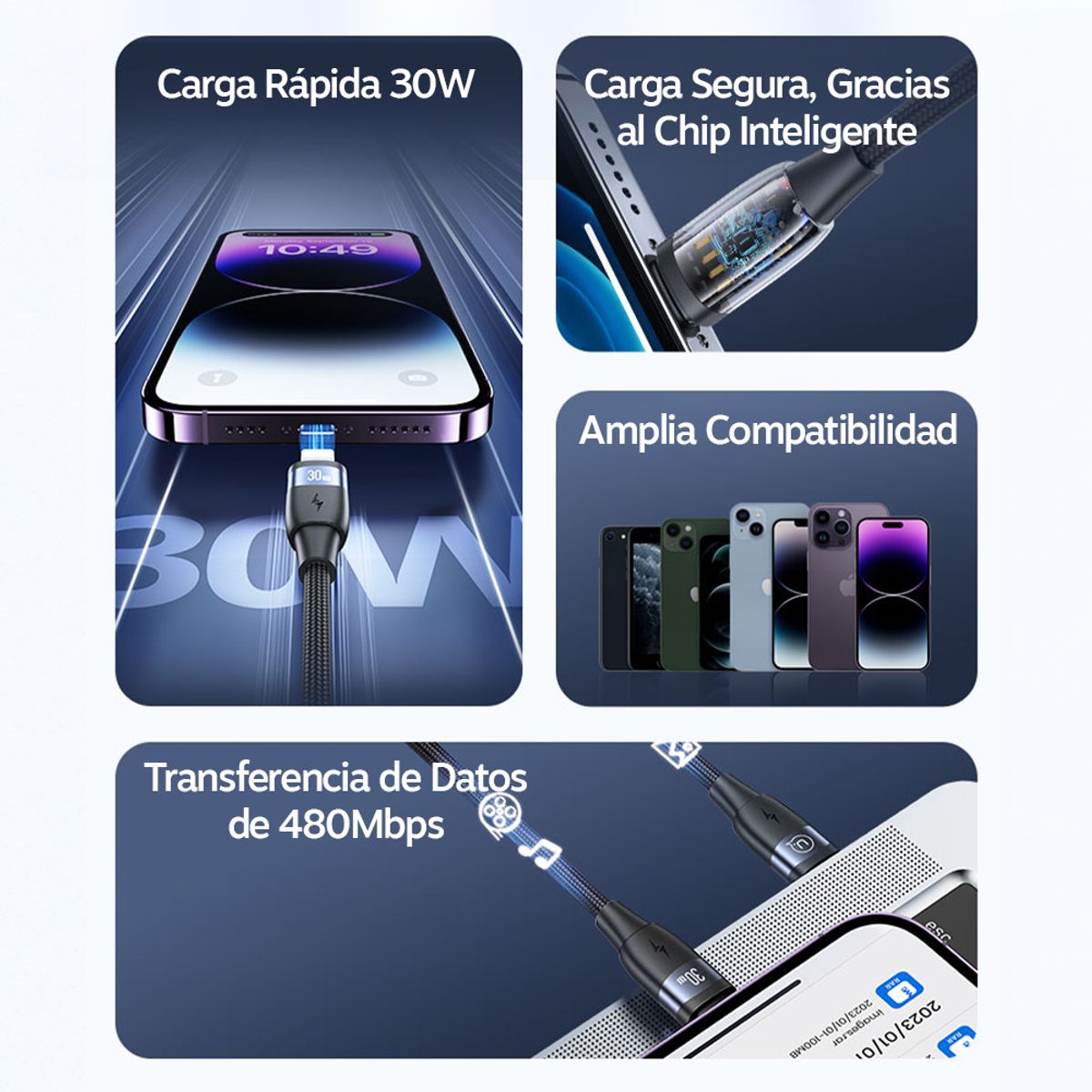 USAMS - Cable Para iPhone Tipo C Usams SJ634 30 W Carga Rapida 1,2m Negro