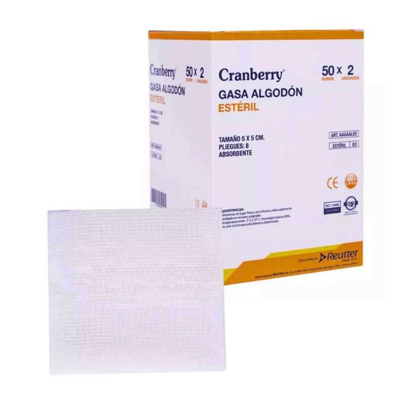 CRANBERRY - Gasa Algodón Estéril 5x5 Caja 50 Sobres X 2 Unid