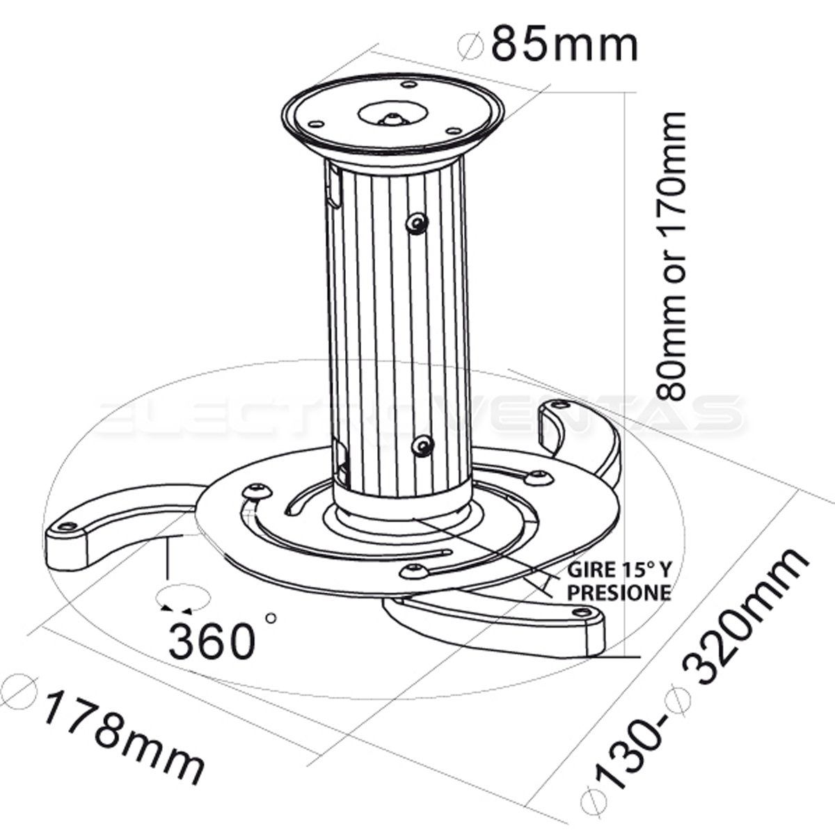 PHILCO - SOPORTE PARA PROYECTOR A TECHO, 13 O 20 CM. 10KG. PLATEADO