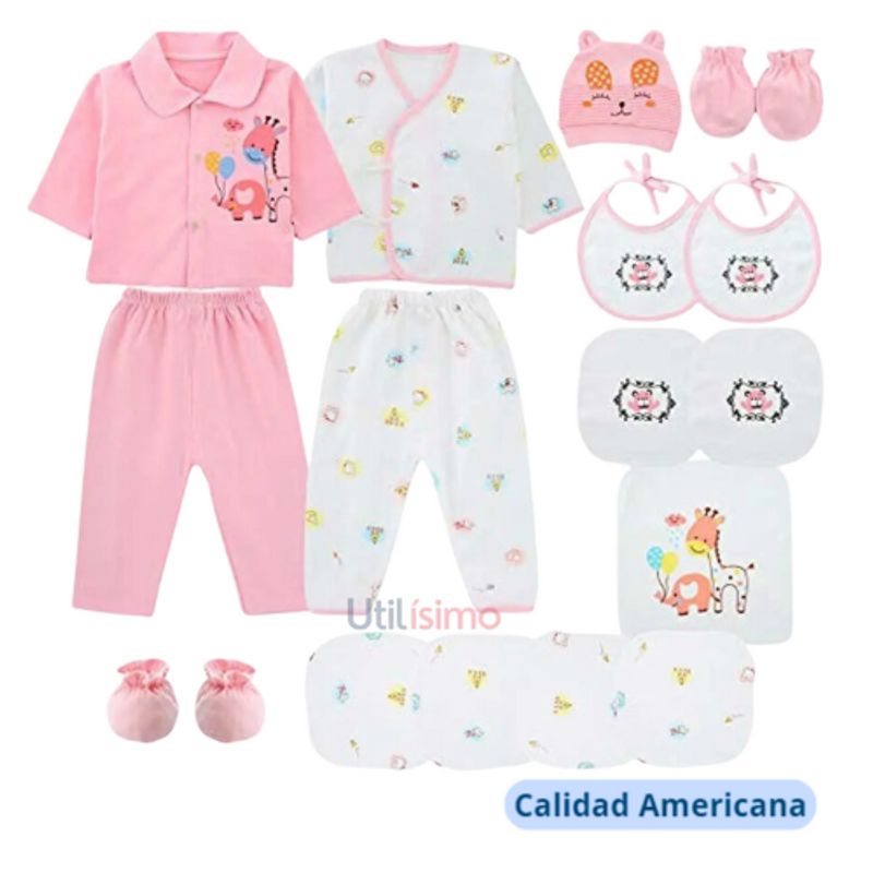JUMP KIDS - Set 18 Piezas Ajuar Rosa Niña bebe 0 a 3 Meses Jump Kids 100% Algodón
