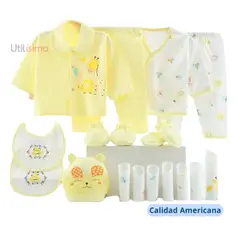 JUMP KIDS - Set 18 Piezas Ajuar Amarillo Niña bebe 0a3 Mes 100% Algodón