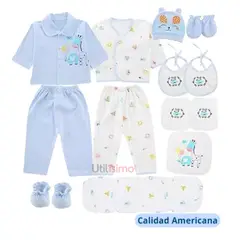 JUMP KIDS - Set 18 Piezas Ajuar Azul Niño bebe 0 a 3 Meses 100% Algodón