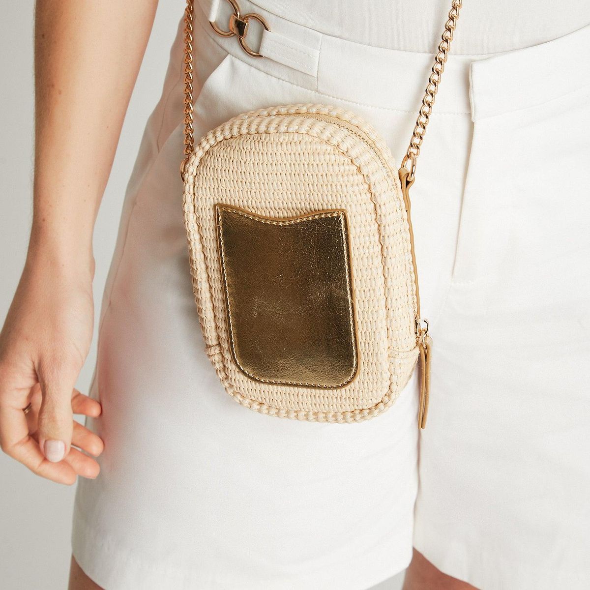 LORENZO DI PONTTI - Porta Celular Raffia Beige Metalizado