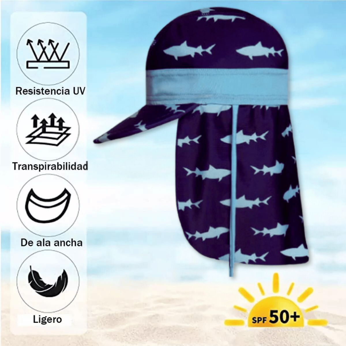 JUMP KIDS - Gorro Largo Con Protección UV +50 Azul Celeste Tiburón