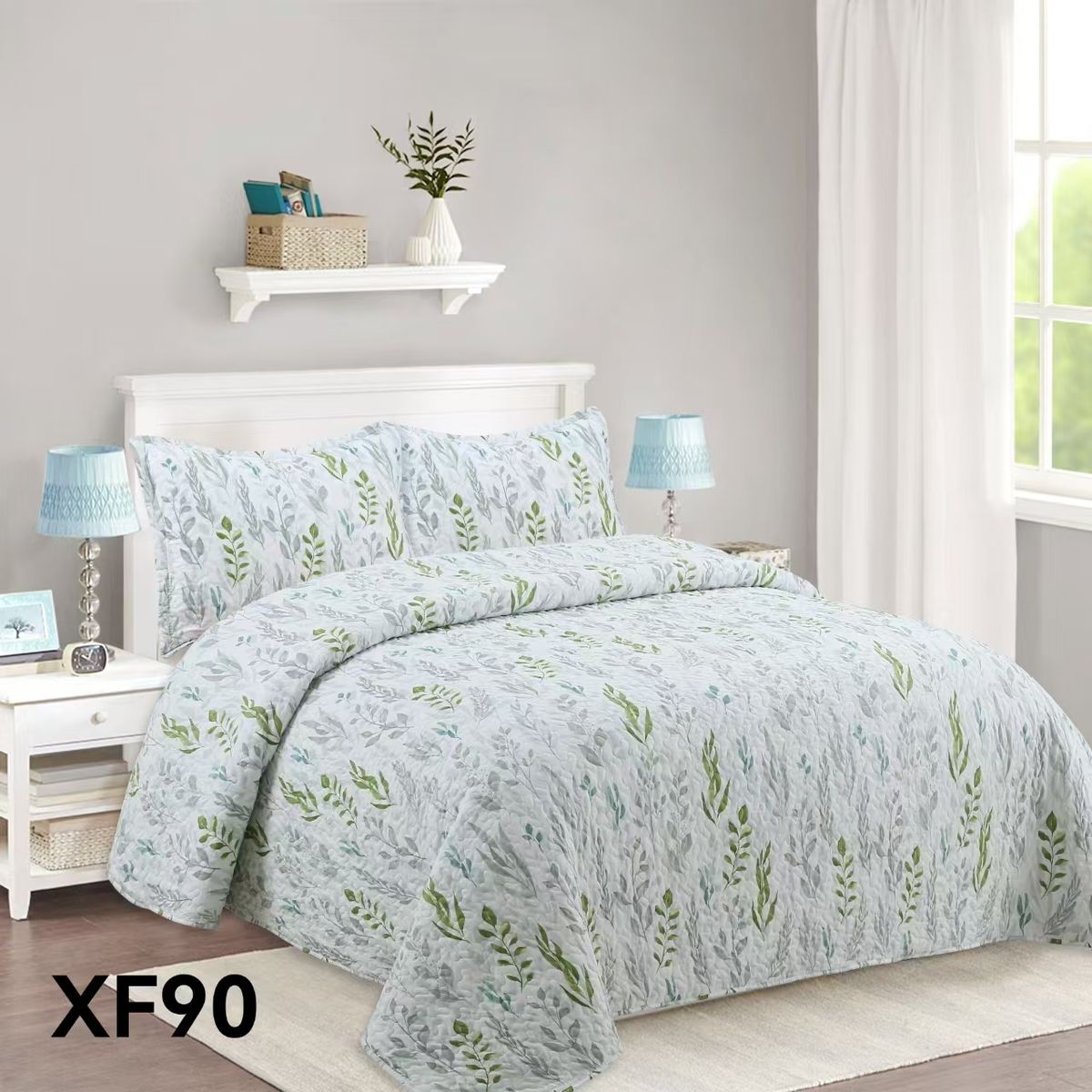 GENERICO - Cubrecama Quilt Verano 2 Plazas - Blanco Hojas Verdes XF90