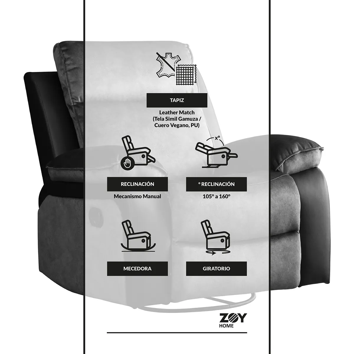 WDS HOME - Bergere Brunei Mecedora y Giratorio Mix Tela y PU Negro