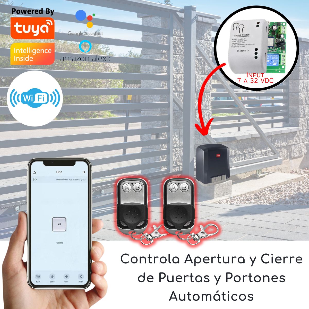 D MOTICA - Abre Portón y Cerraduras Eléctrica Wifi + 2 Controles - 7 a 32 VDC