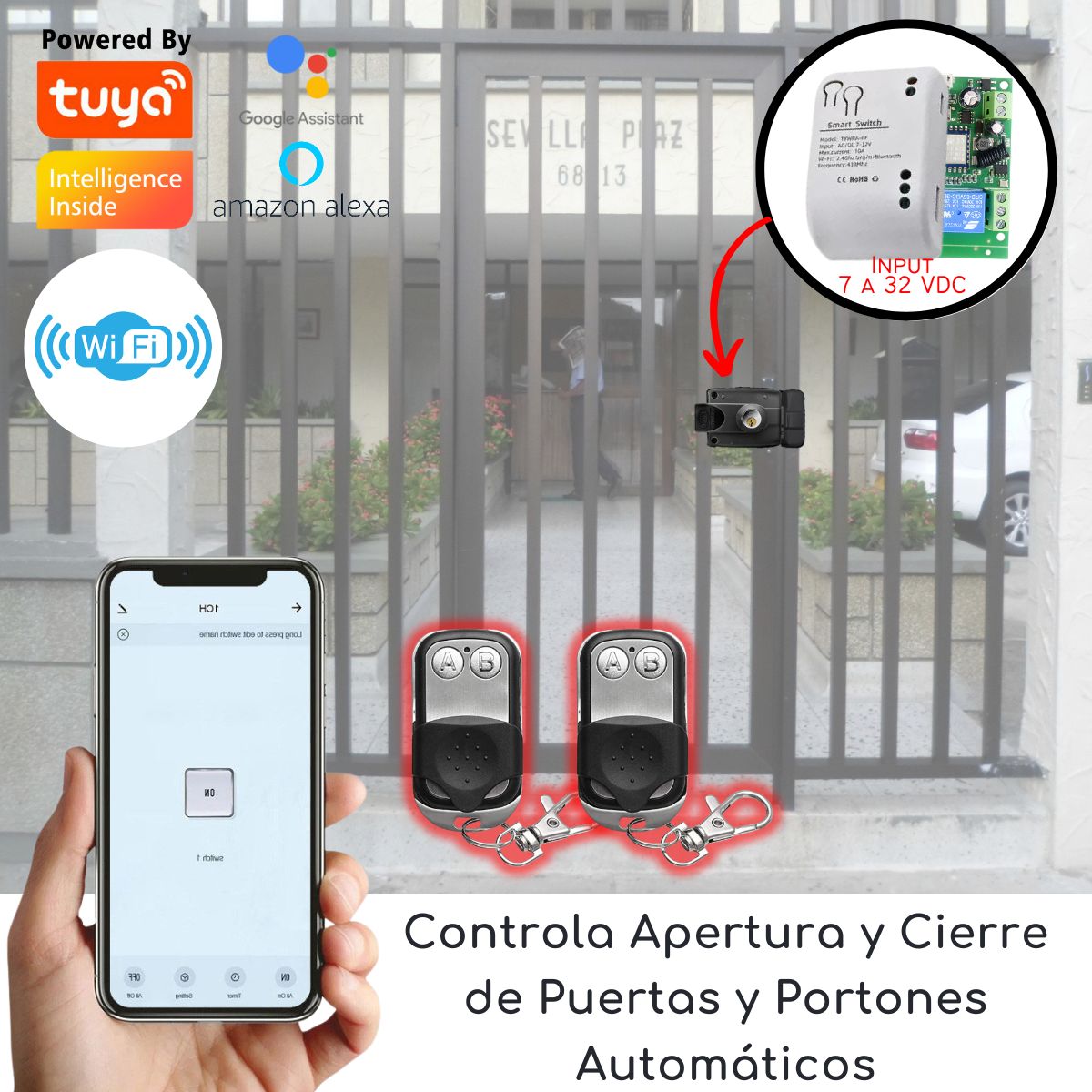 D MOTICA - Abre Portón y Cerraduras Eléctrica Wifi + 2 Controles - 7 a 32 VDC