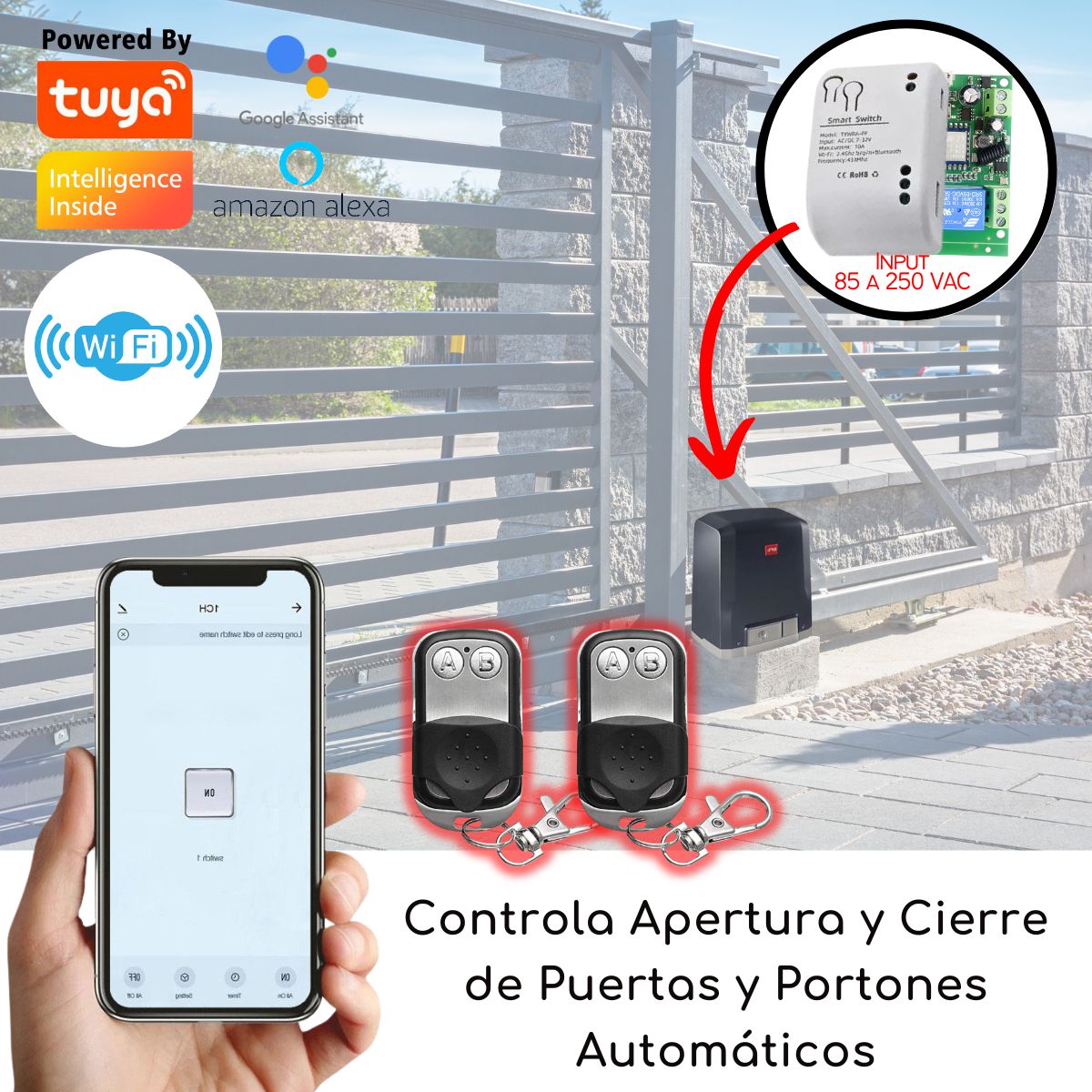 D MOTICA - Abre Portón y Cerraduras Eléctrica Wifi + 2 Controles - 85 a 250 VAC