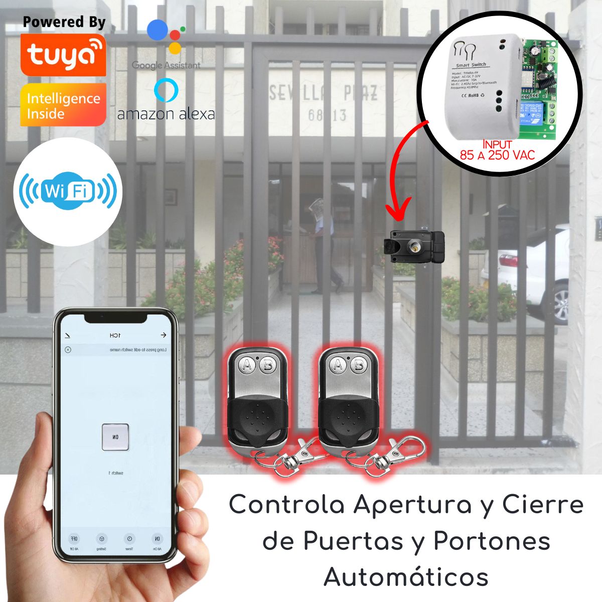 D MOTICA - Abre Portón y Cerraduras Eléctrica Wifi + 2 Controles - 85 a 250 VAC