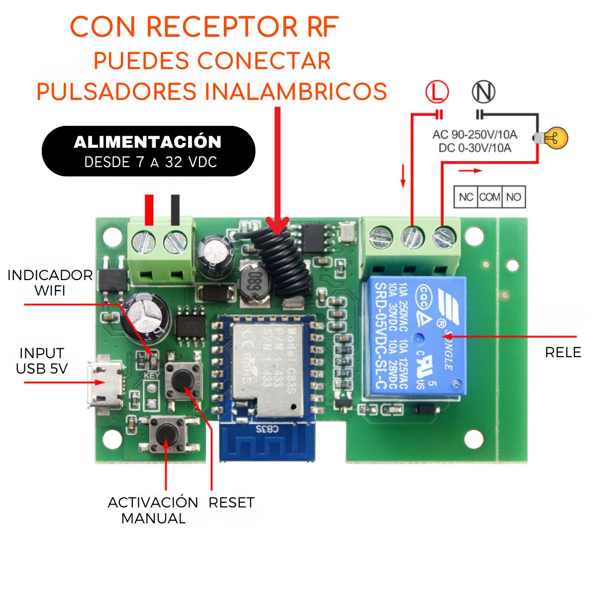 D MOTICA - Interruptor Inteligente Wifi - Rele 1 Canal + 2 Controles - 7 a 32 VDC