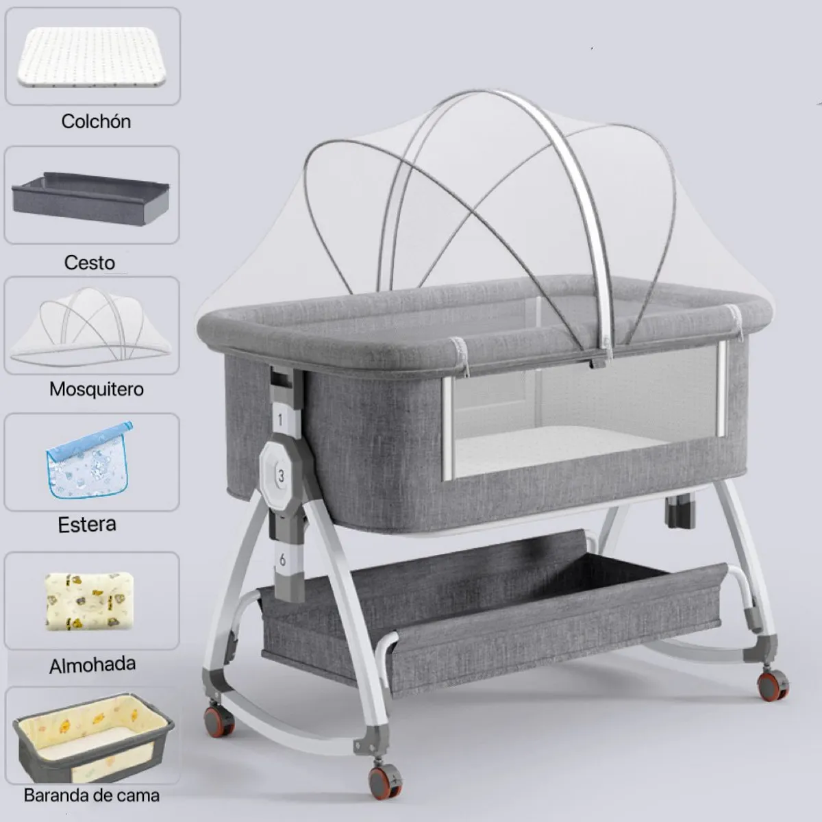 GOLDEN BABY'S - Cuna Colecho con Cesta Mosquitero Cambiador Colchon Gris