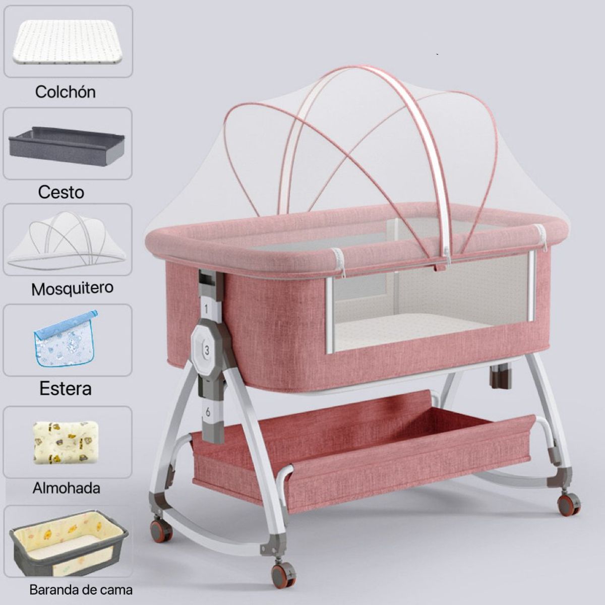 GOLDEN BABY'S - Cuna Colecho con Cesta Mosquitero Cambiador Colchon Rosado