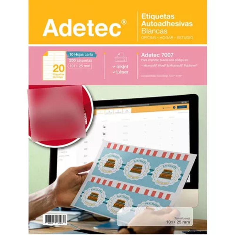 ADETEC - 200 Etiquetas Adhesivas Inkjet/laser 101x25 mm 10 Hojas