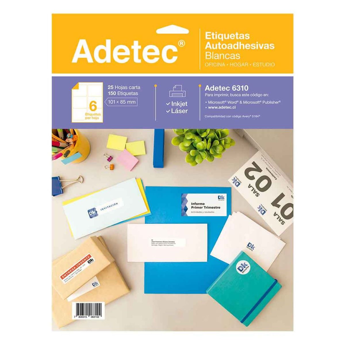 ADETEC - 150 Etiquetas Adhesivas Inkjet/laser 101x85 mm 25 Hojas