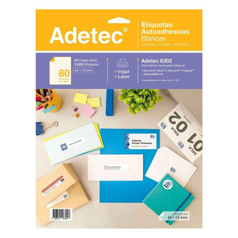 ADETEC - 2000 Etiquetas Adhesivas Inkjet/laser 44 X 13 mm 25 Hojas