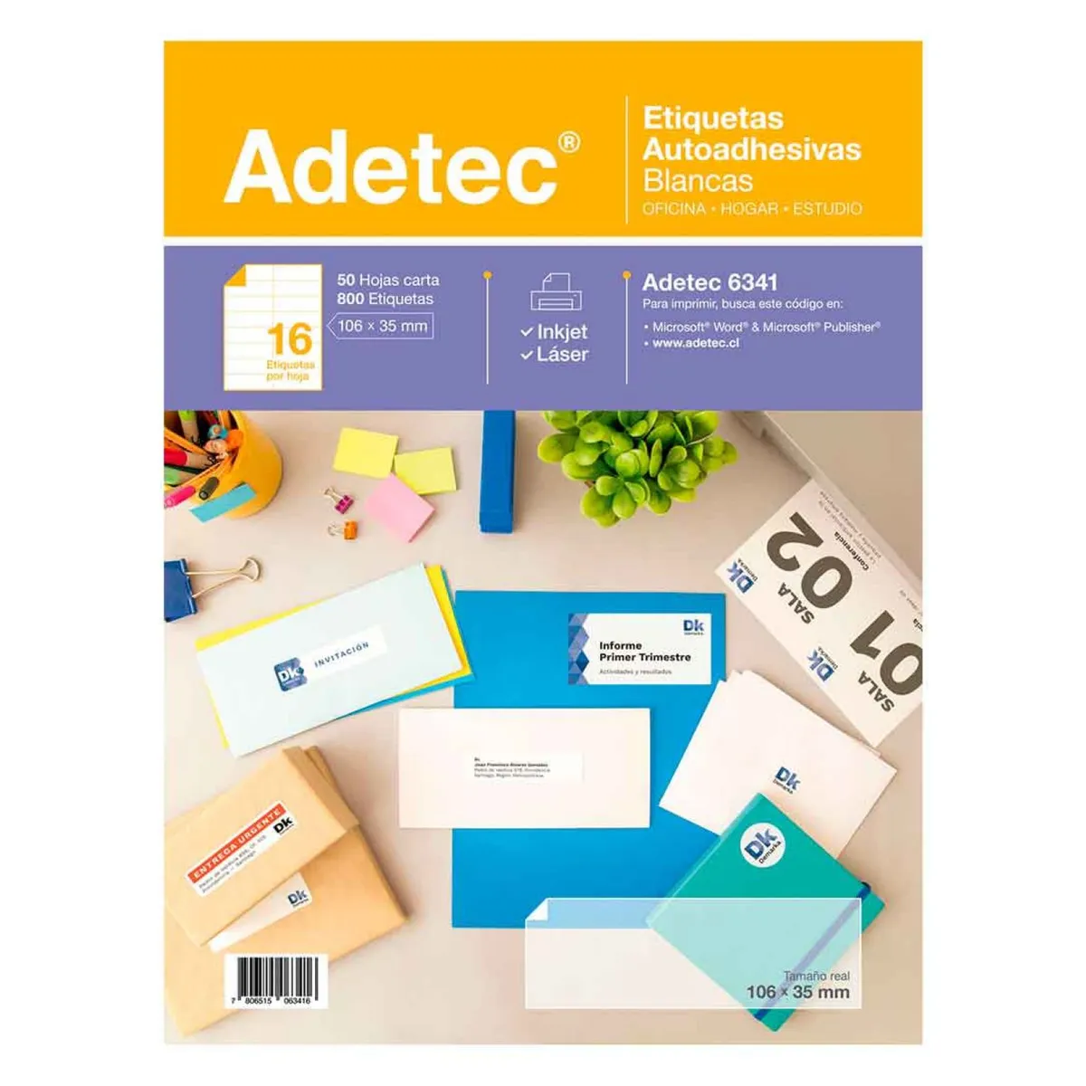 ADETEC - 800 Etiquetas Adhesivas Inkjet/laser 106x35 mm 50 Hojas