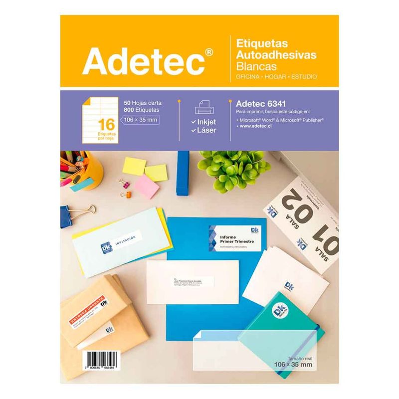 ADETEC - 800 Etiquetas Adhesivas Inkjet/laser 106x35 mm 50 Hojas